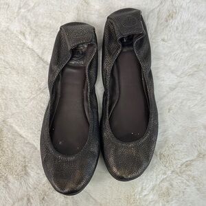 Tory Burch Black Textured Leather Flats